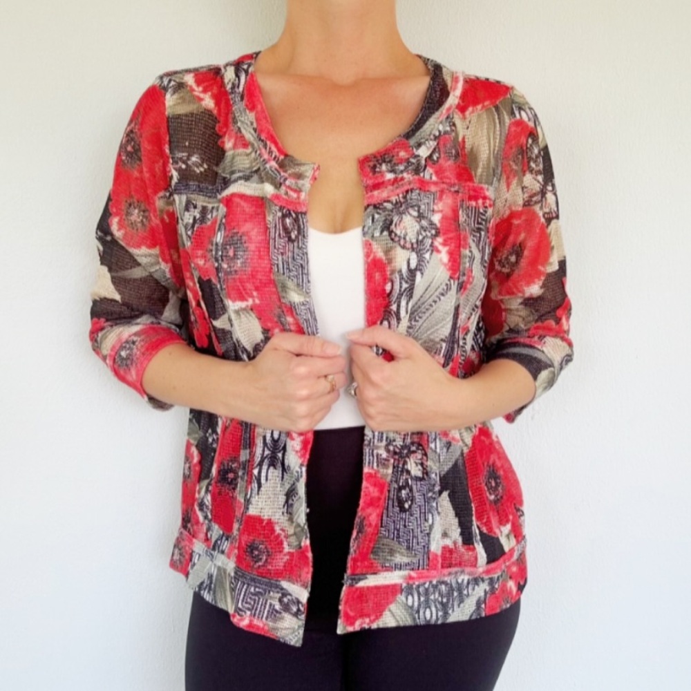 Onque Casuals black red floral poppy sheer mesh 3/4 sleeve jacket size large